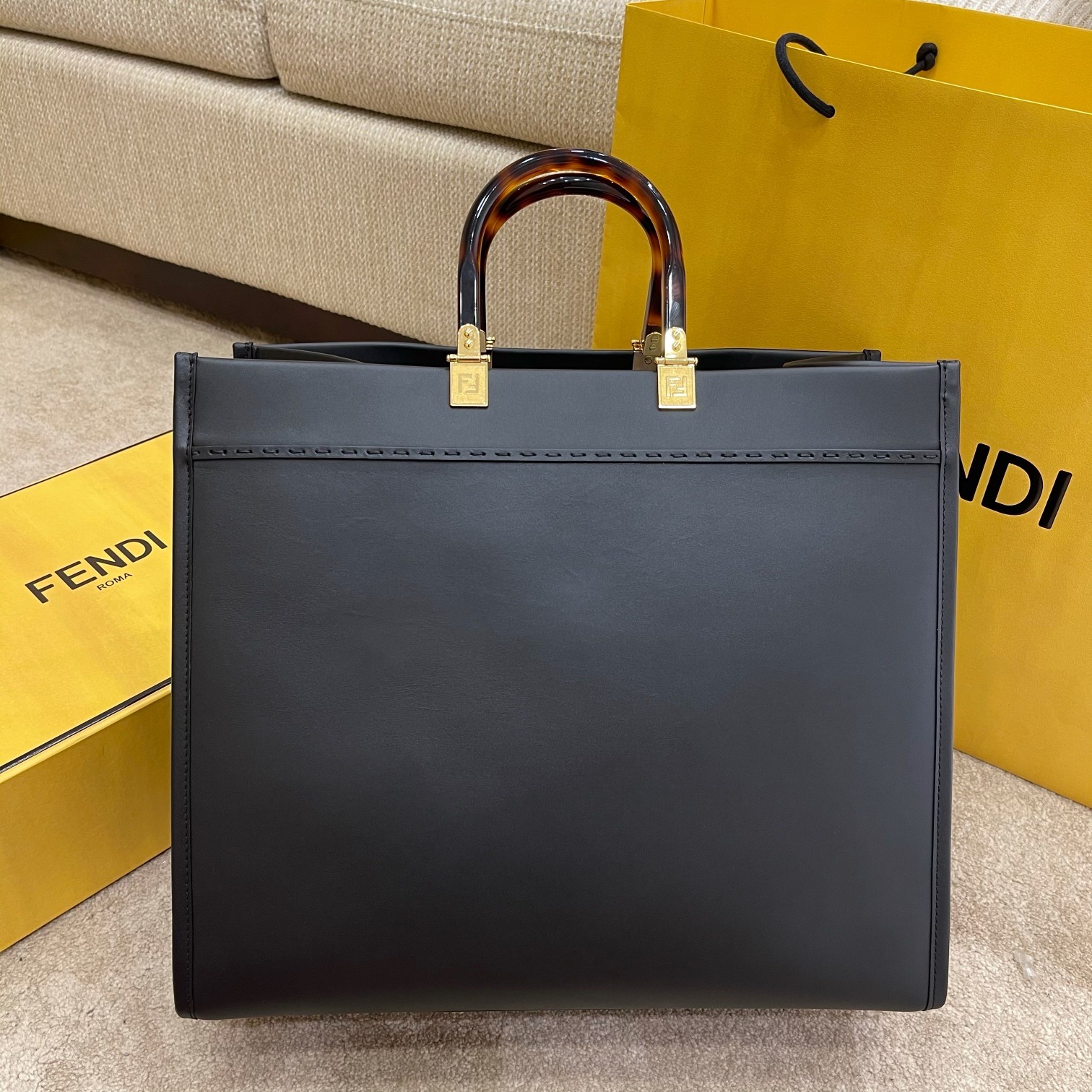 Fendi Large Sunshine Shopper Black Leather Bag 